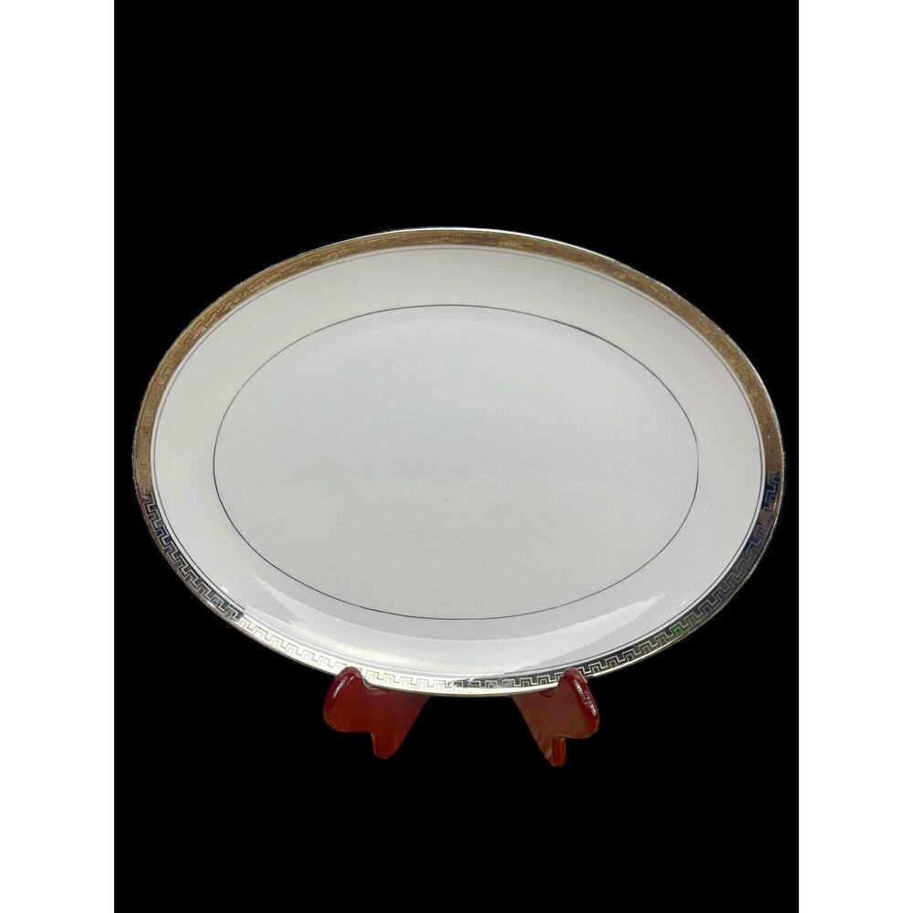Vtg Fine China 12' Oval Platter White Silver Greek Key Trim Narumi Alton Japan